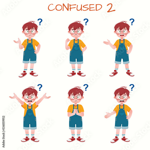 Set of kid boys showing confused expression.Vector illustration.
