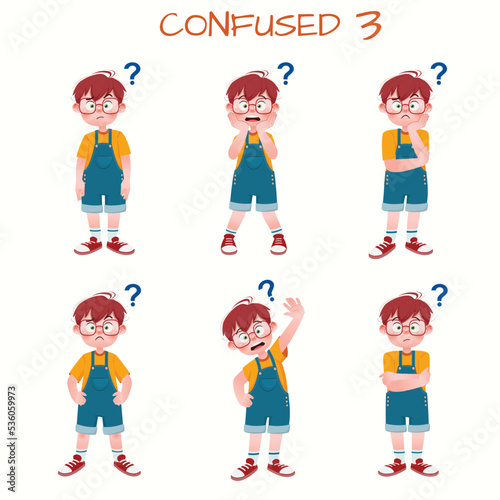 Set of kid boys showing confused expression.Vector illustration.