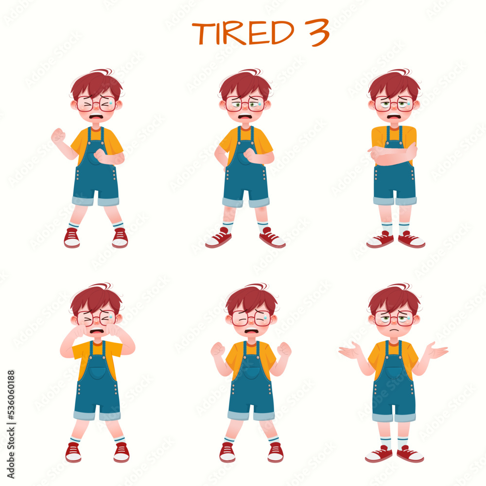 Set of kid boys showing tired expression.Vector illustration.
