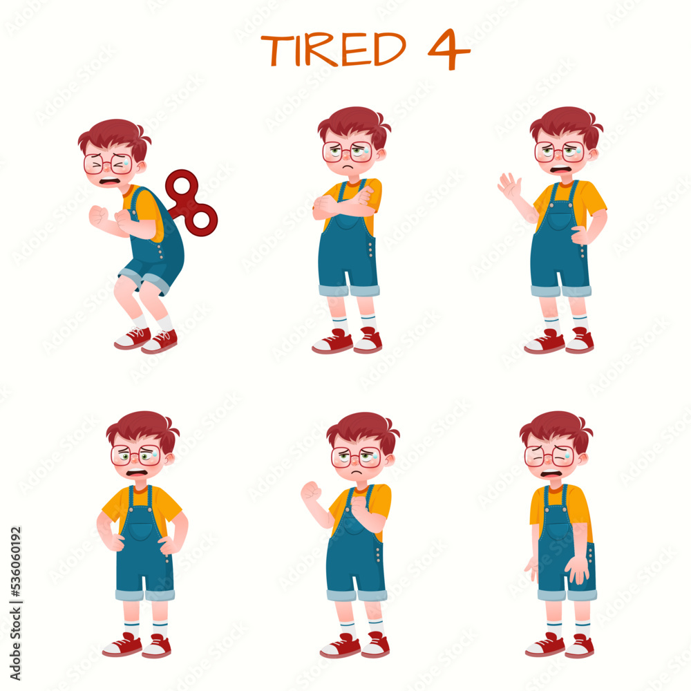 Set of kid boys showing tired expression.Vector illustration.