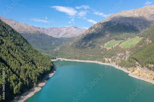 drone flight over Lake Vernagt Stausee in South Tyrol