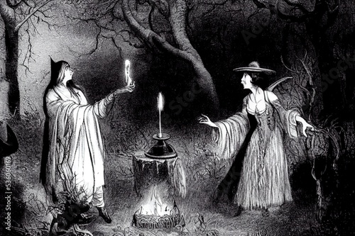 occult science and supernatural concept close up of woman or witch with smoking white sage performing magic ritual in forest photo