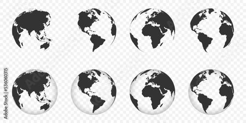 Earth Globe collection. World Map. Earth Map in Globe shape. Earth Globe vector icons. World Map symbols on transparent background. Vector illustration