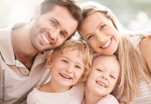 Happy family in a portrait together for summer, outdoor wellness and holiday with mother, father and children. Love, care and smile face of people or kids with mom, dad or parents with sunshine bokeh