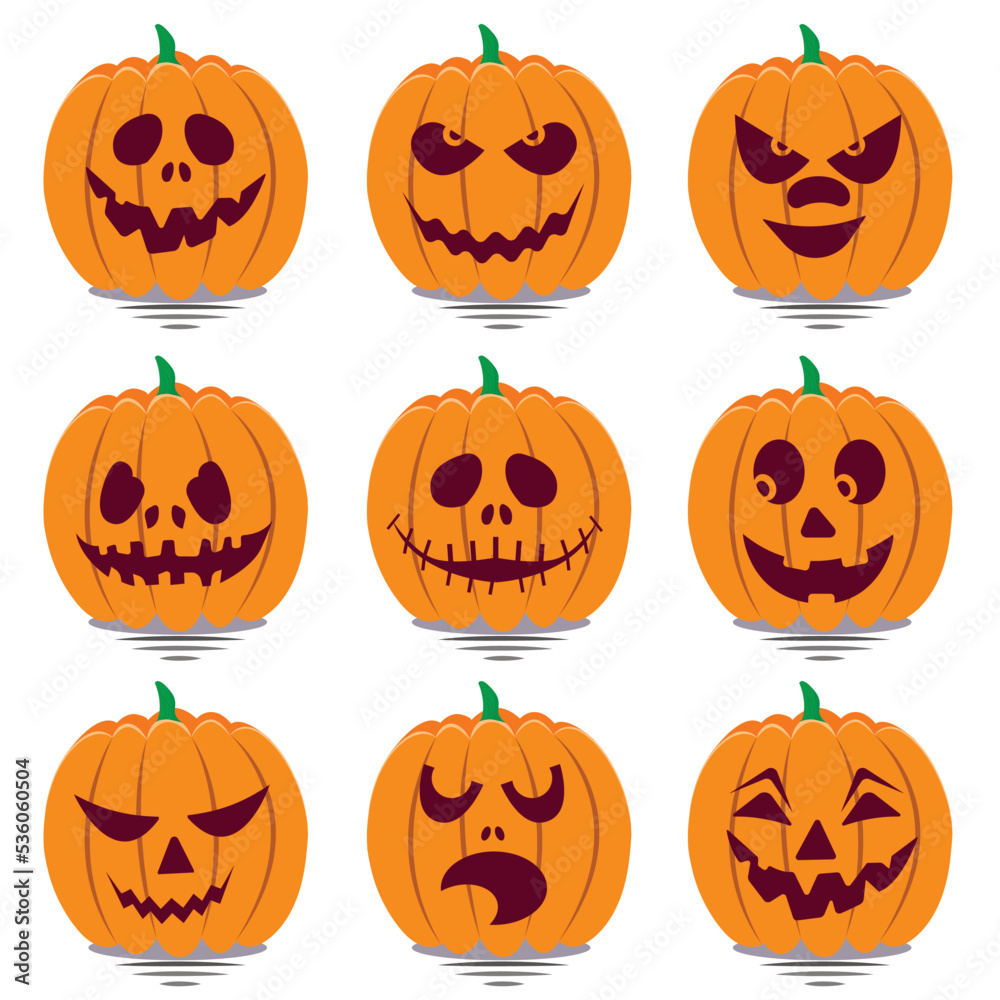 Set of vector jack o lantern pumpkins Halloween faces Set of vector jack o lantern pumpkins Halloween faces