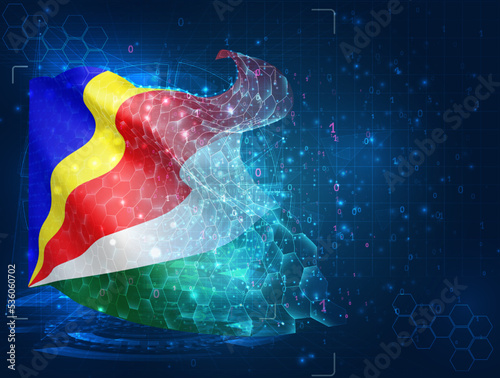Seychelles,  vector flag, virtual abstract 3D object from triangular polygons on a blue background