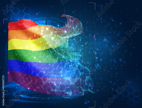 Rainbow,  vector flag, virtual abstract 3D object from triangular polygons on a blue background