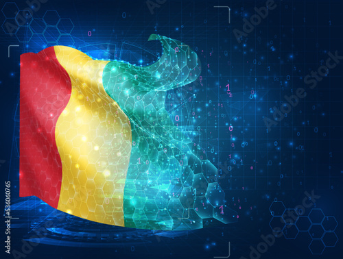 Guinea,  vector flag, virtual abstract 3D object from triangular polygons on a blue background