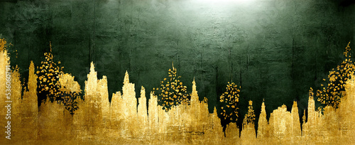 Wallpaper luxury dark green wall art with golden metallic decor, Generative AI