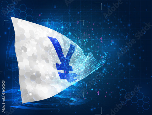 Yen,  vector flag, virtual abstract 3D object from triangular polygons on a blue background