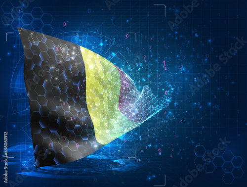 Belgium,  vector flag, virtual abstract 3D object from triangular polygons on a blue background