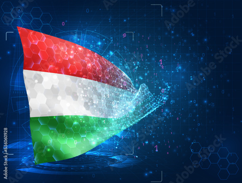 Hungary,  vector flag, virtual abstract 3D object from triangular polygons on a blue background