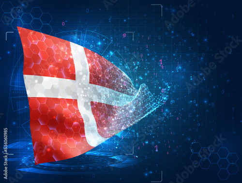 Denmark,  vector flag, virtual abstract 3D object from triangular polygons on a blue background