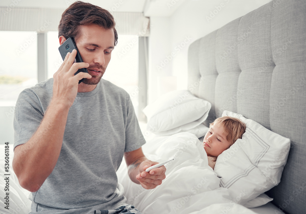 Father phone call doctor for sick child, virus and fever in Australia house bedroom. Worried man parent consulting kids healthcare advice, hot temperature thermometer and medical help for covid risk