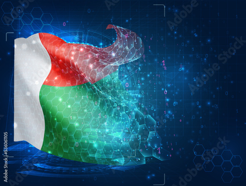 Madagascar,  vector flag, virtual abstract 3D object from triangular polygons on a blue background
