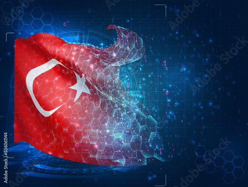 Turkey,  vector flag, virtual abstract 3D object from triangular polygons on a blue background