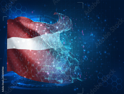Latvia,  vector flag, virtual abstract 3D object from triangular polygons on a blue background