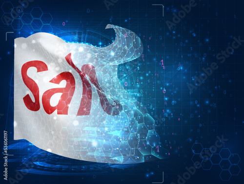 Discount,  vector flag, virtual abstract 3D object from triangular polygons on a blue background
