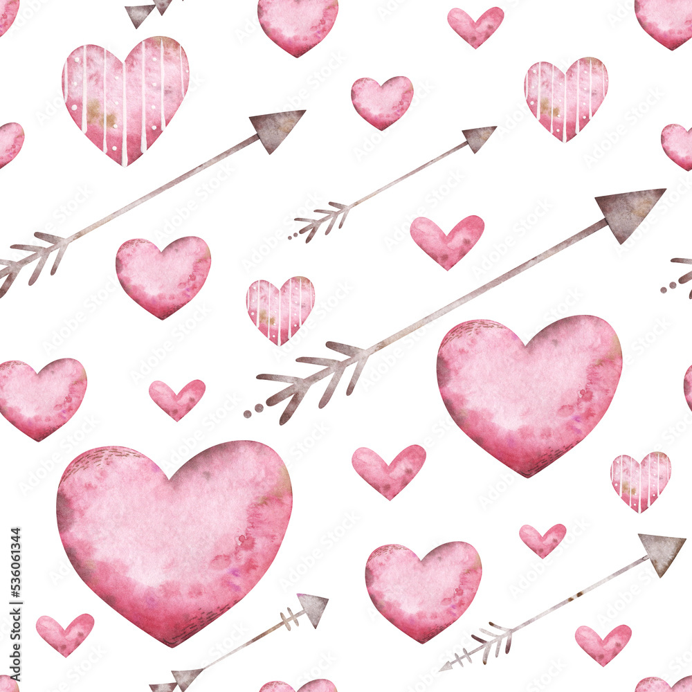 Cute seamless pattern with pink heart and arrows for Valentine's Day. Watercolor digital background for holiday greetings, Birthday cards