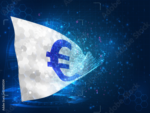 Euro,  vector flag, virtual abstract 3D object from triangular polygons on a blue background