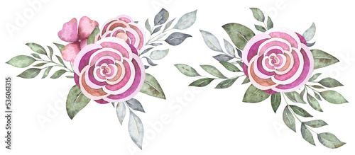 Watercolor set with cute bouquets for Valentine's Day. Tender digital arrangements for Birthday card, invitation