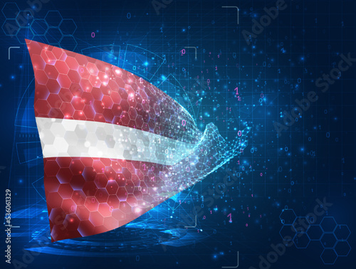 Latvia,  vector flag, virtual abstract 3D object from triangular polygons on a blue background