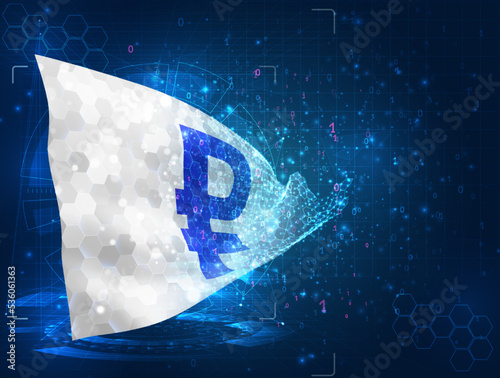 Ruble,  vector flag, virtual abstract 3D object from triangular polygons on a blue background