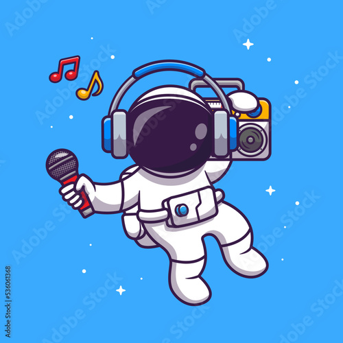 Cute Astronaut Listening Music With Boombox Cartoon 
Vector Icon Illustration. Science Music Icon Concept Isolated 
Premium Vector. Flat Cartoon Style