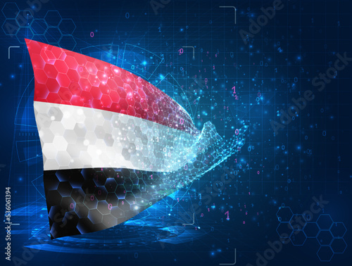 Yemen,  vector flag, virtual abstract 3D object from triangular polygons on a blue background