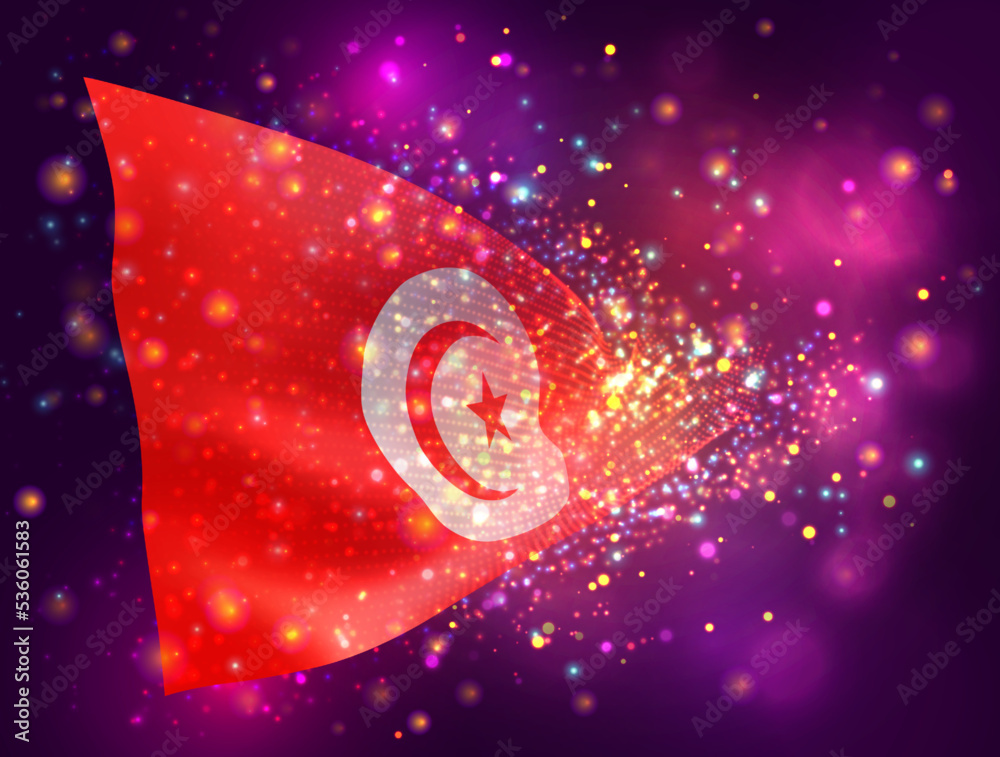 Tunisia, vector 3d flag on pink purple background with lighting and flares