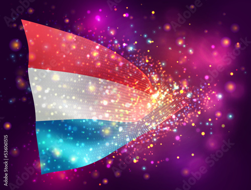 Luxembourg, vector 3d flag on pink purple background with lighting and flares