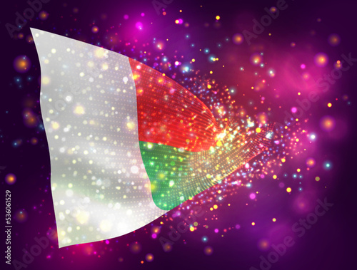 Madagascar, vector 3d flag on pink purple background with lighting and flares