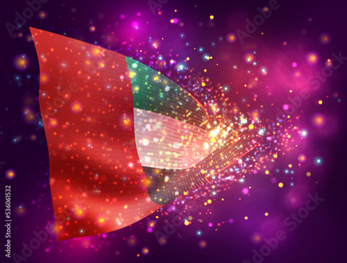 United Arab Emirates, vector 3d flag on pink purple background with lighting and flares