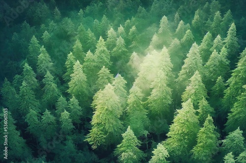 Pristine spruce forest aerial view. Green nature background of firtree tops. Drone photo from directly above position
