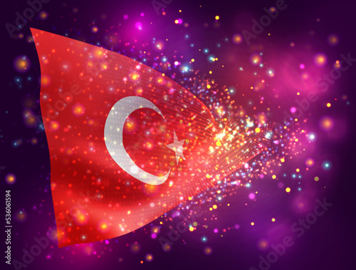 Turkey, vector 3d flag on pink purple background with lighting and flares