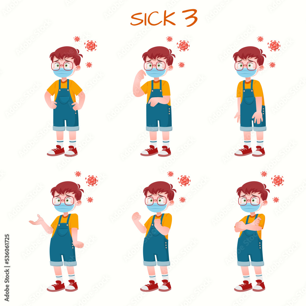 Set of kid boys showing sick expression.Vector illustration. Set of kid boys showing sick expression.Vector illustration.