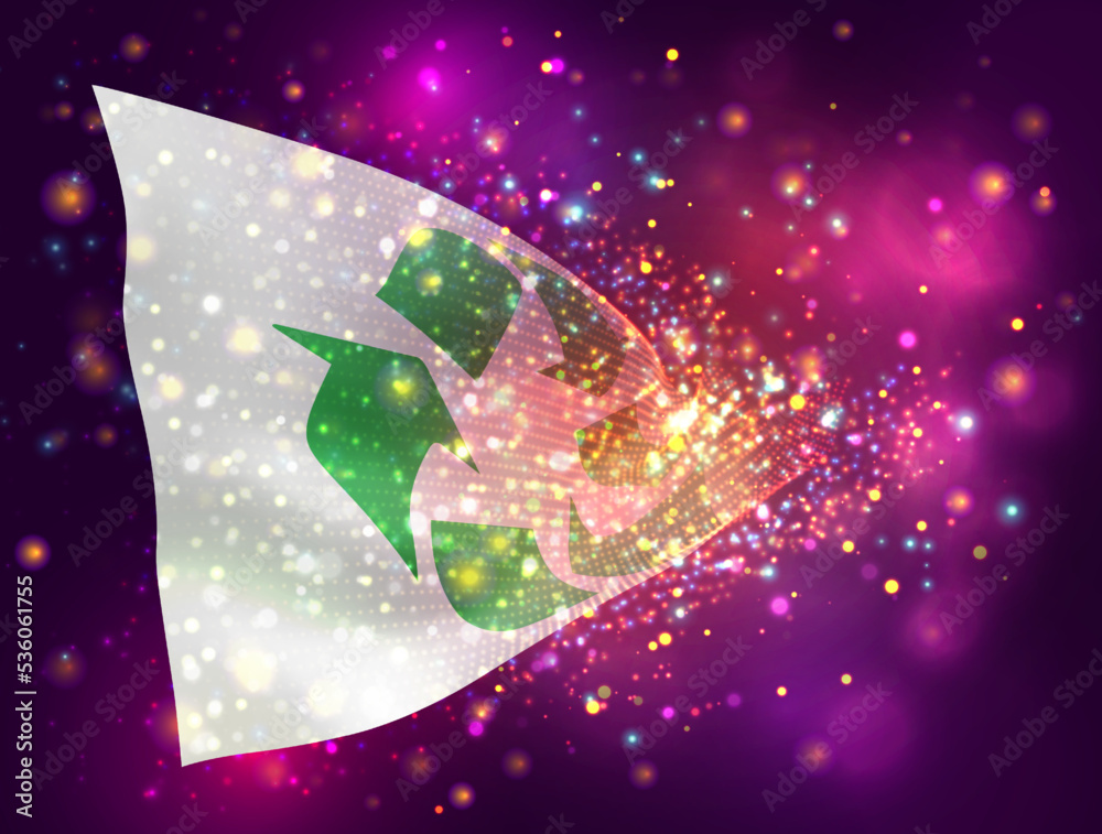 Recycling, on vector 3d flag on pink purple background with lighting and flares Recycling, on vector 3d flag on pink purple background with lighting and flares