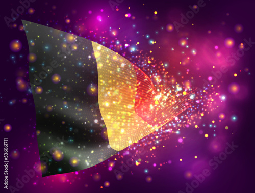Belgium, vector 3d flag on pink purple background with lighting and flares