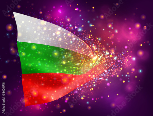 Bulgaria, vector 3d flag on pink purple background with lighting and flares