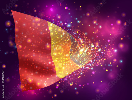 Guinea, vector 3d flag on pink purple background with lighting and flares