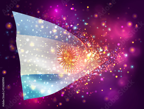 Argentina, vector 3d flag on pink purple background with lighting and flares