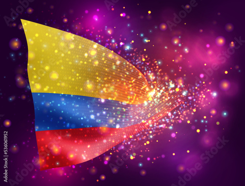 Colombia, vector 3d flag on pink purple background with lighting and flares