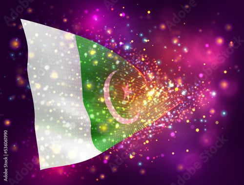 Pakistan, vector 3d flag on pink purple background with lighting and flares