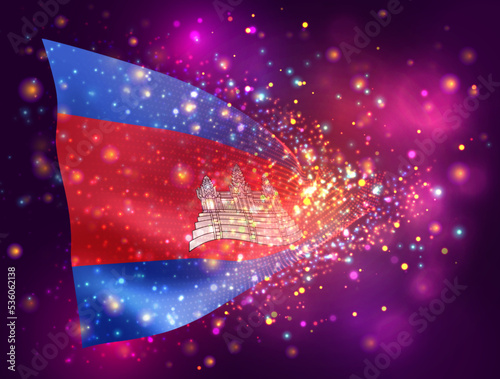 Cambodia, vector 3d flag on pink purple background with lighting and flares