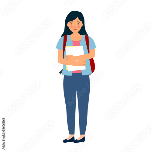 Young woman student with backpack in flat design on white background.