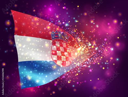 Croatia, vector 3d flag on pink purple background with lighting and flares