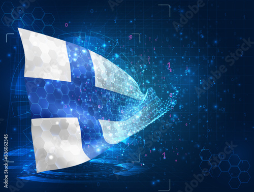 Finland,  vector flag, virtual abstract 3D object from triangular polygons on a blue background