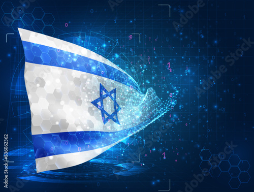 Israel,  vector flag, virtual abstract 3D object from triangular polygons on a blue background