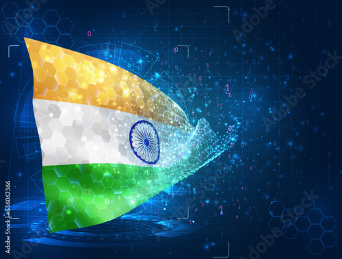 India,  vector flag, virtual abstract 3D object from triangular polygons on a blue background