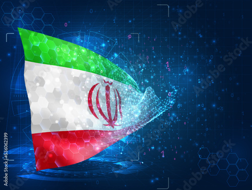 Iran,  vector flag, virtual abstract 3D object from triangular polygons on a blue background